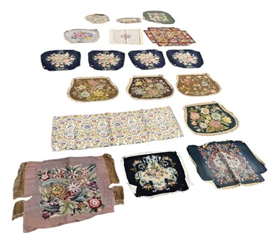 Lot 864 - FOUR 18TH CENTURY NEEDLEWORK SEAT COVERS WITH VARIETY OF OTHER 19TH CENTURY WOVEN PANELS.