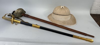 Lot 416 - TWO DRESS SWORDS AND AN ANTIQUE PITH HELMET