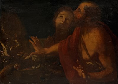 Lot 7 - AFTER ANTONIO MOLINARI (ITALIAN 1655-1704): A LARGE OIL PAINTING ON CANVAS DEPICTING TWO FIGURES BY A FIRE