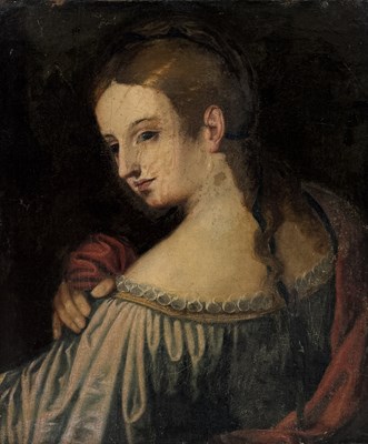 Lot 48 - AFTER PIETRO DELLA VECCHIA (VENETIAN 1603-1678): AN OIL PAINTING ON CANVAS DEPICTING A LADY