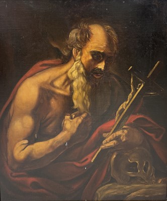 Lot 42 - AFTER GUIDO RENI (ITALIAN 1575-1642): AN OIL PAINTING ON CANVAS DEPICTING A MAN HOLDING A CRUCIFIX WITH A SKULL, MEMENTO MORI