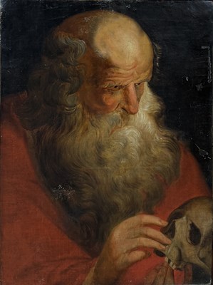 Lot 28 - AFTER JACOB JORDAENS (FLEMISH 1593-1678): AN OIL PAINTING ON CANVAS DEPICTING ST JEROME