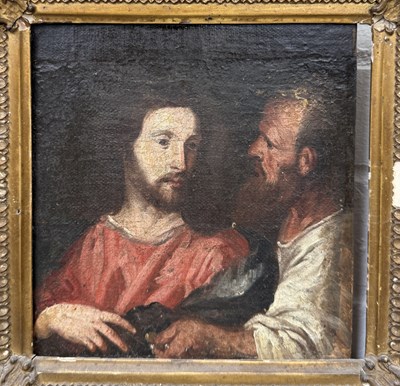 Lot 55 - AFTER TITIAN: AN OIL PAINTING ON BOARD 'A TRIBUTE TO MONEY'