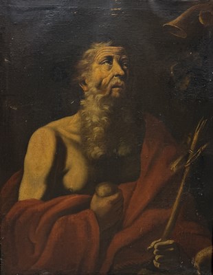 Lot 39 - A POSSIBLY 17TH/ EARLY 18TH CENTURY OIL PAINTING ON CANVAS DEPICTING SAINT JEROME