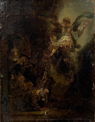 Lot 61 - AFTER REMBRANDT: AN OIL PAINTING ON CANVAS DEPICTING A RELIGIOUS SCENE