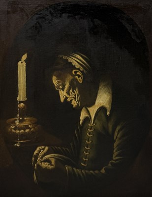 Lot 11 - CIRCLE OF PIETRO RICCHI (ITALIAN 1606-1675): AN OIL PAINTING ON CANVAS DEPICTING A FIGURE IN CANDLELIGHT