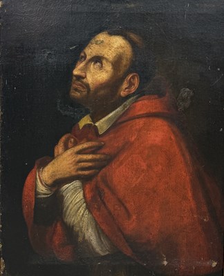 Lot 16 - 17TH CENTURY BOLOGNESE SCHOOL: AN OIL PAINTING ON CANVAS DEPICTING CHARLES BORROMEO