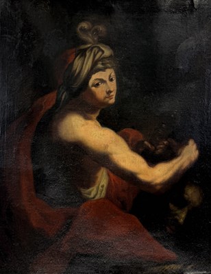 Lot 24 - AN 18TH CENTURY OIL PAINTING ON CANVAS DEPICTING DAVID WITH THE HEAD OF GOLIATH