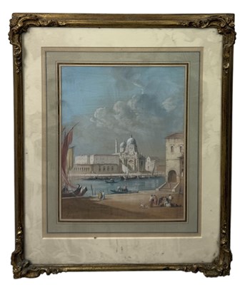 Lot 14 - CIRCLE OF FRANCESCO GUARDI (ITALIAN 1712-1793): A PAINTING ON PAPER DEPICTING A VENETIAN SCENE