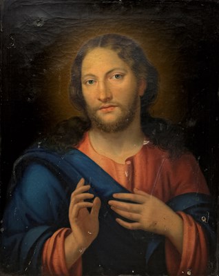 Lot 36 - MANNER OF ANTON RAPHAEL MENGS (GERMAN 1728-1779): A LATE 18TH CENTURY OIL PAINTING ON CANVAS DEPICTING JESUS