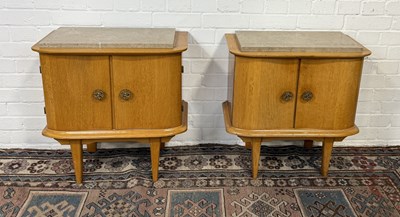 Lot 742 - A PAIR OF MID-CENTURY BED SIDE CABINETS WITH FOSSIL MARBLE TOPS