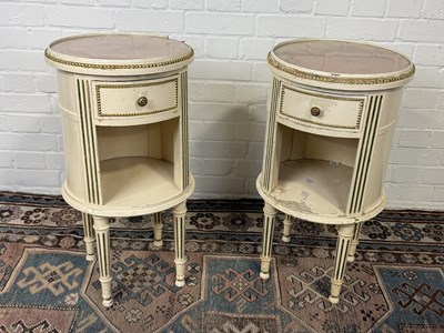 Lot 743 - A PAIR OF FRENCH CIRCULAR BED SIDE TABLES WITH GLASS TOPS