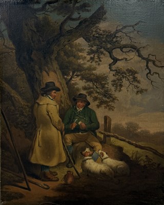 Lot 566 - A 19TH CENTURY OIL PAINTING ON CANVAS DEPICTING A COUNTRYSIDE SCENE WITH TWO GENTLEMAN AND DOGS