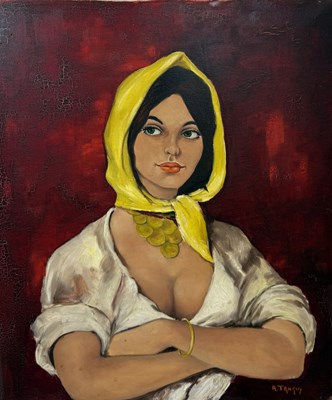 Lot 581 - RICHARD TANGUY (B.1937): AN OIL PAINTING ON CANVAS DEPICTING A LADY WITH FOLDED ARMS