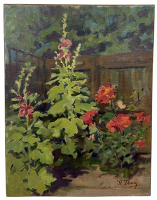 Lot 582 - AN OIL PAINTING ON CANVAS DEPICTING FLOWERS IN A GARDEN