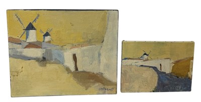 Lot 558 - ANNE CASTERET (1933-2007): TWO OIL PAINTINGS ON CANVAS DEPICTING WINDMILLS