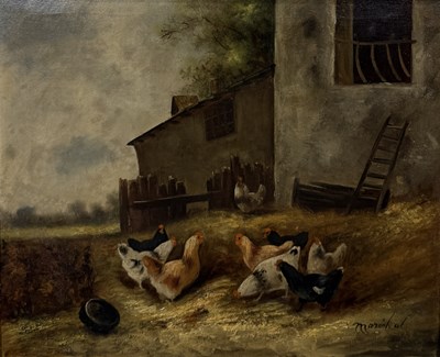 Lot 547 - AN OIL PAINTING ON CANVAS DEPICTING CHICKENS AND HENS IN A FARMYARD