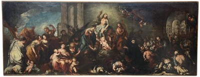 Lot 1 - ANDREA CELESTI (VENETIAN 1637-1712): A MONUMENTAL OIL PAINTING ON CANVAS DEPICTING THE VIRGIN AND SAINT JOHN THE BAPTIST BEGGING JESUS TO DELIVER LONATO FROM THE PLAGUE