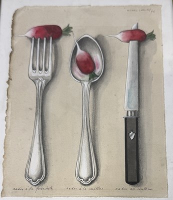 Lot 622 - MICHEL LABLAIS (FRENCH 1925-2017): A WATERCOLOUR PAINTING ON PAPER DEPICTING CUTLERY WITH RADISHES