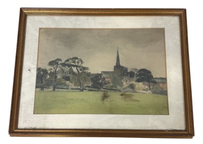 Lot 648 - A WATERCOLOUR PAINTING ON PAPER DEPICTING A FIELD WITH A CHURCH STEEPLE