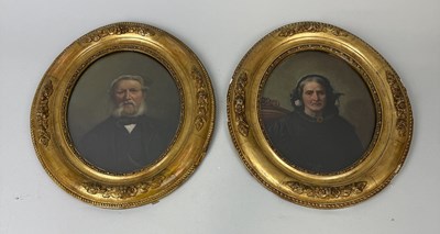 Lot 545 - A PAIR OF VICTORIAN OIL PAINTINGS DEPICTING A GENTLEMAN AND A LADY