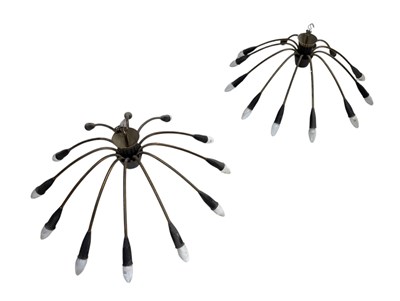 Lot 740 - A PAIR OF MID-CENTURY SPUTNIK STYLE TWELVE ARM CHANDELIERS