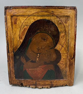 Lot 87 - A PAINTED ORTHODOX ICON PANEL DEPICTING THE MADONNA AND CHILD