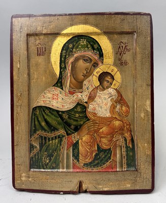 Lot 88 - A PAINTED ORTHODOX ICON PANEL DEPICTING THE MADONNA AND CHILD