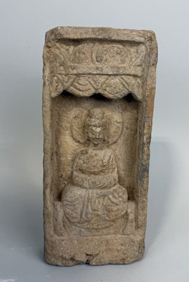 Lot 74 - A NORTHERN WEI DYNASTY TERRACOTTA TEMPLE BRICK DECORATED WITH BUDDHIST SCENE, CIRCA 400 A.D.