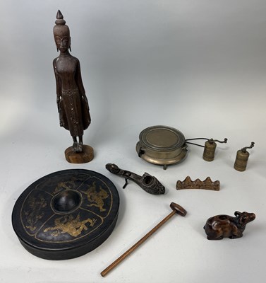 Lot 76 - CHINESE AND ASIAN ANTIQUES TO INCLUDE A BRONZE STAND, WOODEN CHINESE BRUSH REST, GONG, BUDDHA