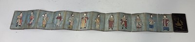 Lot 78 - A CHINESE BLACK LACQUERED CONCERTINA BOOK, LATE QING DYNASTY CONTAINING TWELVE PAINTED AND EMBROIDERED SCENES OF COURT FIGURES