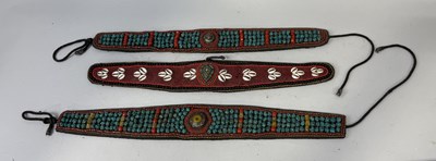 Lot 137 - THREE TIBETAN BELTS, SET WITH TURQUOISE AND SHELLS