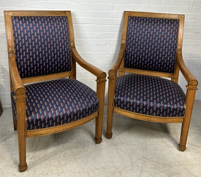 Lot 1015 - A PAIR OF EMPIRE STYLE ARMCHAIRS WITH EMBROIDERED FACE TO REVERSE