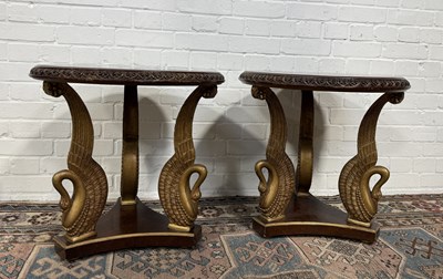 Lot 791 - A PAIR OF CLASSICAL STYLE OCCASIONAL TABLES WITH SWAN SUPPORTS