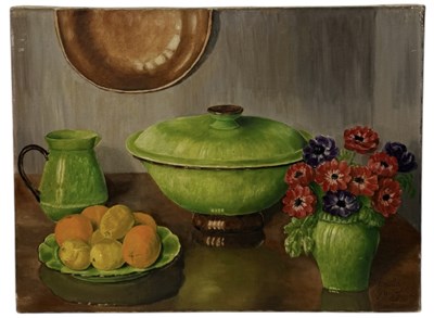 Lot 557 - EMILIA GRUGET: AN OIL PAINTING ON CANVAS DEPICTING A STILL LIFE WITH FRUIT, FLOWER AND GREEN CERAMICS