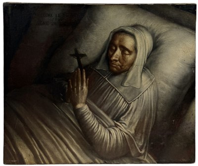 Lot 35 - AN OIL PAINTING ON CANVAS DEPICTING A DEAD NUN, DATED LATE 17TH CENTURY