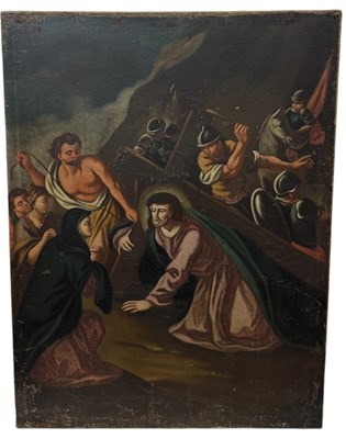 Lot 44 - A LARGE 18TH CENTURY OIL PAINTING ON CANVAS DEPICTING CHRIST WITH THE CROSS