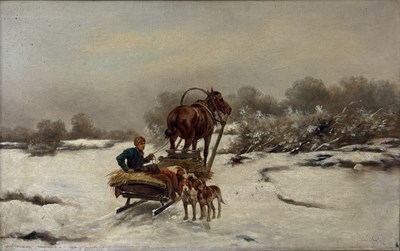 Lot 549 - AN OIL PAINTING ON CANVAS DEPICTING A WINTRY SCENE WITH HORSE AND DOGS