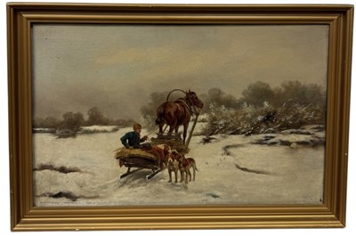 Lot 549 - AN OIL PAINTING ON CANVAS DEPICTING A WINTRY SCENE WITH HORSE AND DOGS