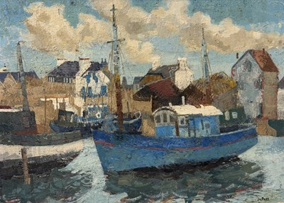 Lot 546 - AFTER JOHN ANTHONY PARK (1880-1962): AN OIL PAINTING ON BOARD DEPICTING SAILBOATS IN A HARBOUR, ST IVE'S