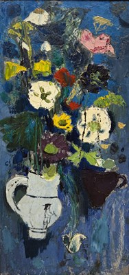 Lot 586 - AN OIL PAINTING ON BOARD DEPICTING A STILL LIFE WITH JUG AND FLOWERS