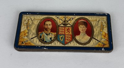 Lot 360 - A 1911 THE KINGS CORONATION FETE, CRYSTAL PALACE 1911, BAR OF CHOCOLATE IN PAINTED METAL TIN