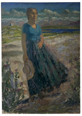 Lot 457 - WILLIAM SAMUEL HORTON (AMERICAN 1865-1936): A LARGE OIL PAINTING ON CANVAS DEPICTING A LADY WITH MOUNTAINS IN THE BACKGROUND