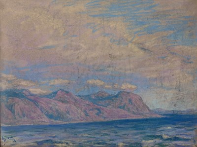 Lot 504 - WILLIAM SAMUEL HORTON (AMERICAN 1865-1936): A PASTEL DRAWING DEPICTING THE SEA WITH MOUNTAINS