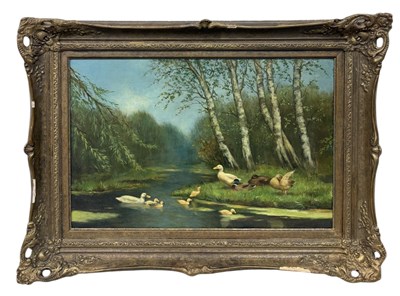 Lot 541 - DAVID ADOLPH CONSTANT ARTZ (DUTCH 1837-1890): AN OIL PAINTING ON BOARD 'FAMILY OF DUCKS ON A RIVER BANK'