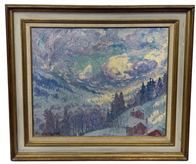 Lot 463 - WILLIAM SAMUEL HORTON (AMERICAN 1865-1936): A LARGE OIL PAINTING ON CANVAS DEPICTING A WINTRY LANDSCAPE WITH MOUNTAINS AND TREES