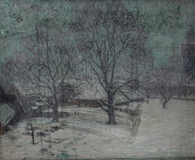 Lot 464 - WILLIAM SAMUEL HORTON (AMERICAN 1865-1936): A LARGE OIL PAINTING ON CANVAS DEPICTING A WINTRY LANDSCAPE WITH TREES