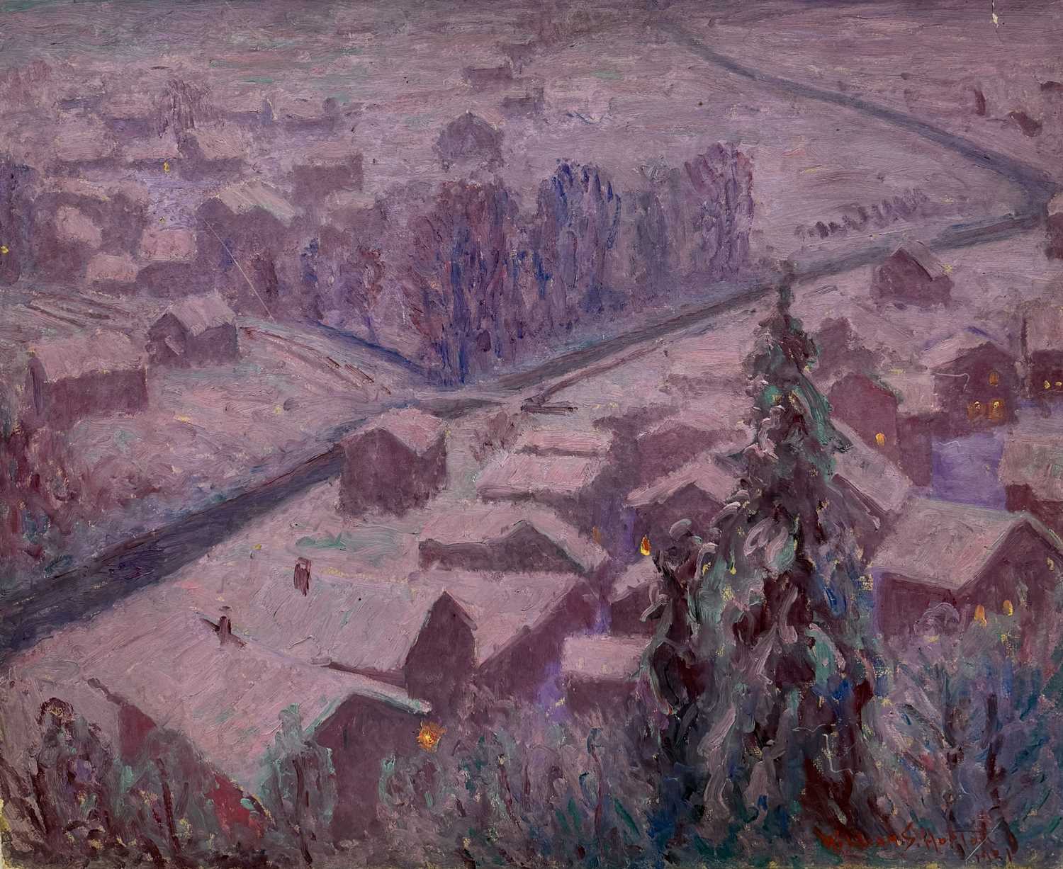 Lot 499 - WILLIAM SAMUEL HORTON (AMERICAN 1865-1936): A PASTEL DRAWING ON BOARD DEPICTING A WINTRY TOWN SCENE