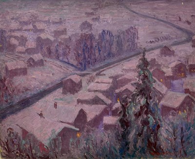 Lot 499 - WILLIAM SAMUEL HORTON (AMERICAN 1865-1936): A PASTEL DRAWING ON BOARD DEPICTING A WINTRY TOWN SCENE