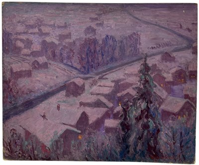 Lot 499 - WILLIAM SAMUEL HORTON (AMERICAN 1865-1936): A PASTEL DRAWING ON BOARD DEPICTING A WINTRY TOWN SCENE